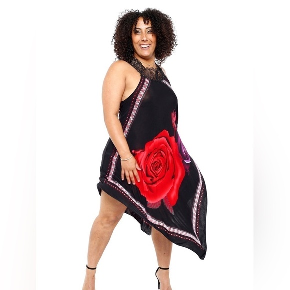 Asymmetrical Women’s Black/Red Rose And Purple Sundress - Picture 1 of 15